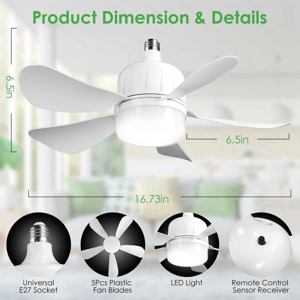 3-Speed Socket Fan Light with Remote & Socket 6 Blades Light Socket