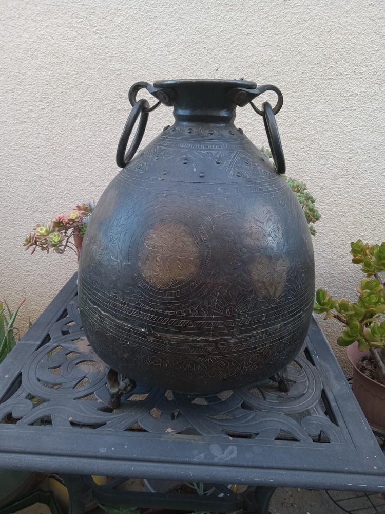 Antique Middle Eastern Etched Bronze Large Water Jug
