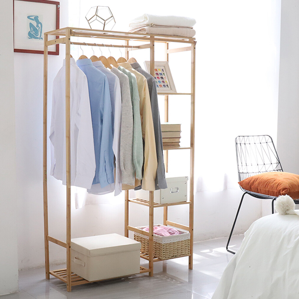 Freestanding Large Wood Clothing Garment Rack Shelf Clothes Hanging Rack Closet