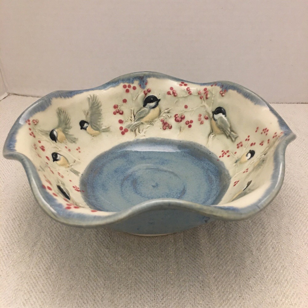Jen Stein Art Pottery Bowl Decor Piece Chickadee Pattern