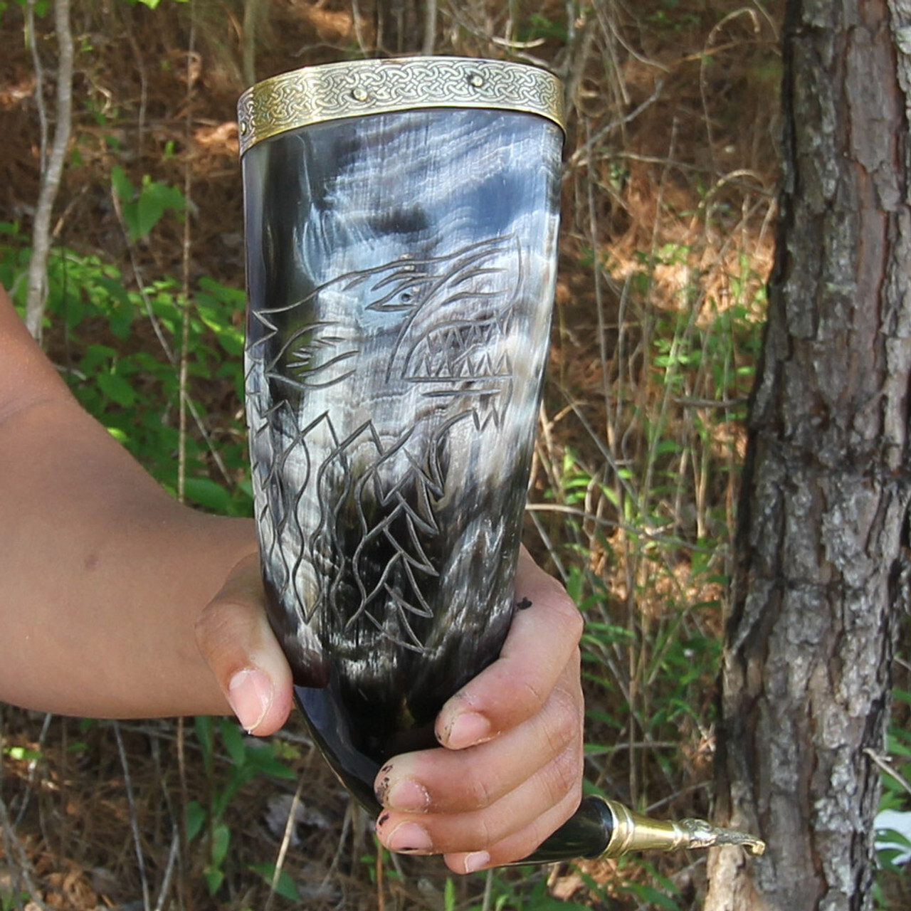Medieval Fenrir Viking Handmade Warrior Drinking Horn & Metal Stand Set