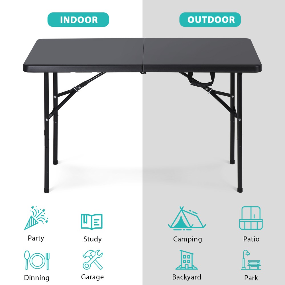 2PCS Folding Table 4FT Fold-in-Half Utility Dining Table for Camping w/ Handle