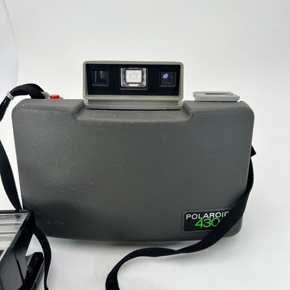 Vintage Polaroid 430 Automatic Land Camera with Strap & 490 Focus Flash Untested