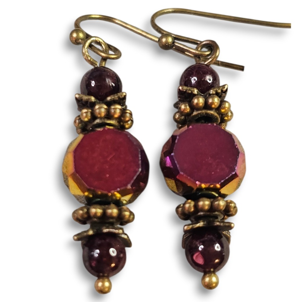 Garnet & Crystal Earrings Antique Bronze Dangle Drop Hook Handmade