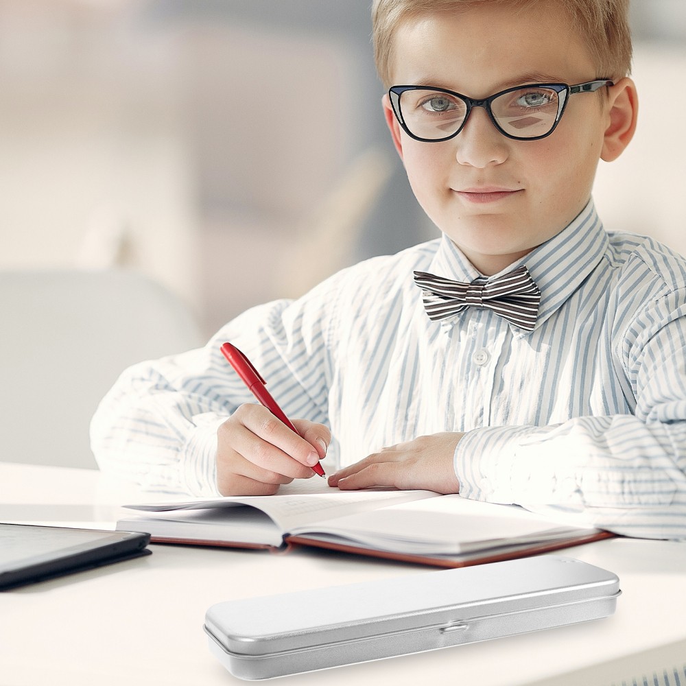 Pencil Case Rectangular Hinged Tin Box Silver Pens Office for Kids