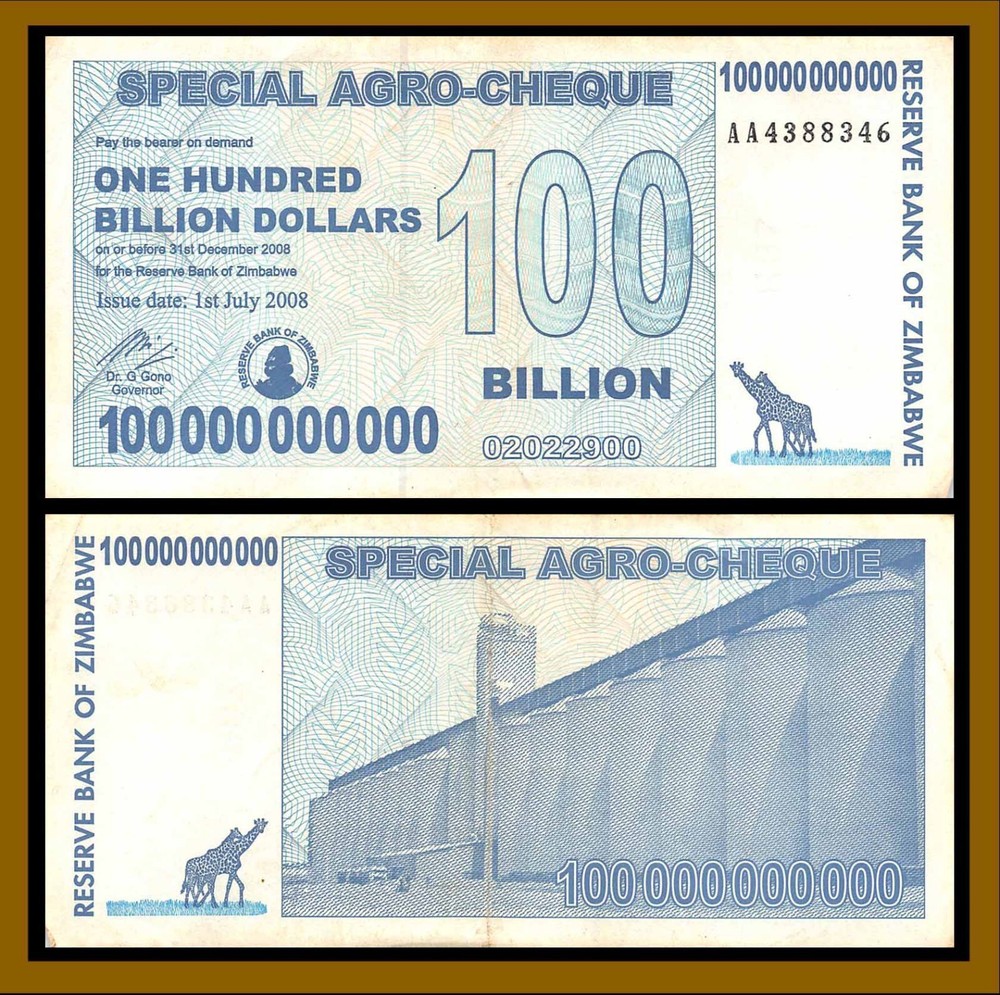 Zimbabwe 100 Billion Dollars Special Agro Cheque, 2008 Banknote (Au), COA
