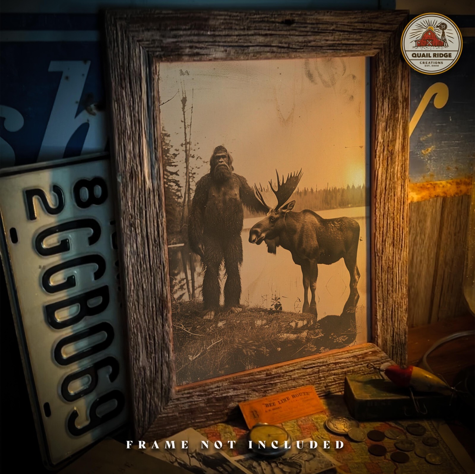 Vintage Bigfoot Sasquatch Moose Photography Art Print Deer Hunting Cabin Artwork
