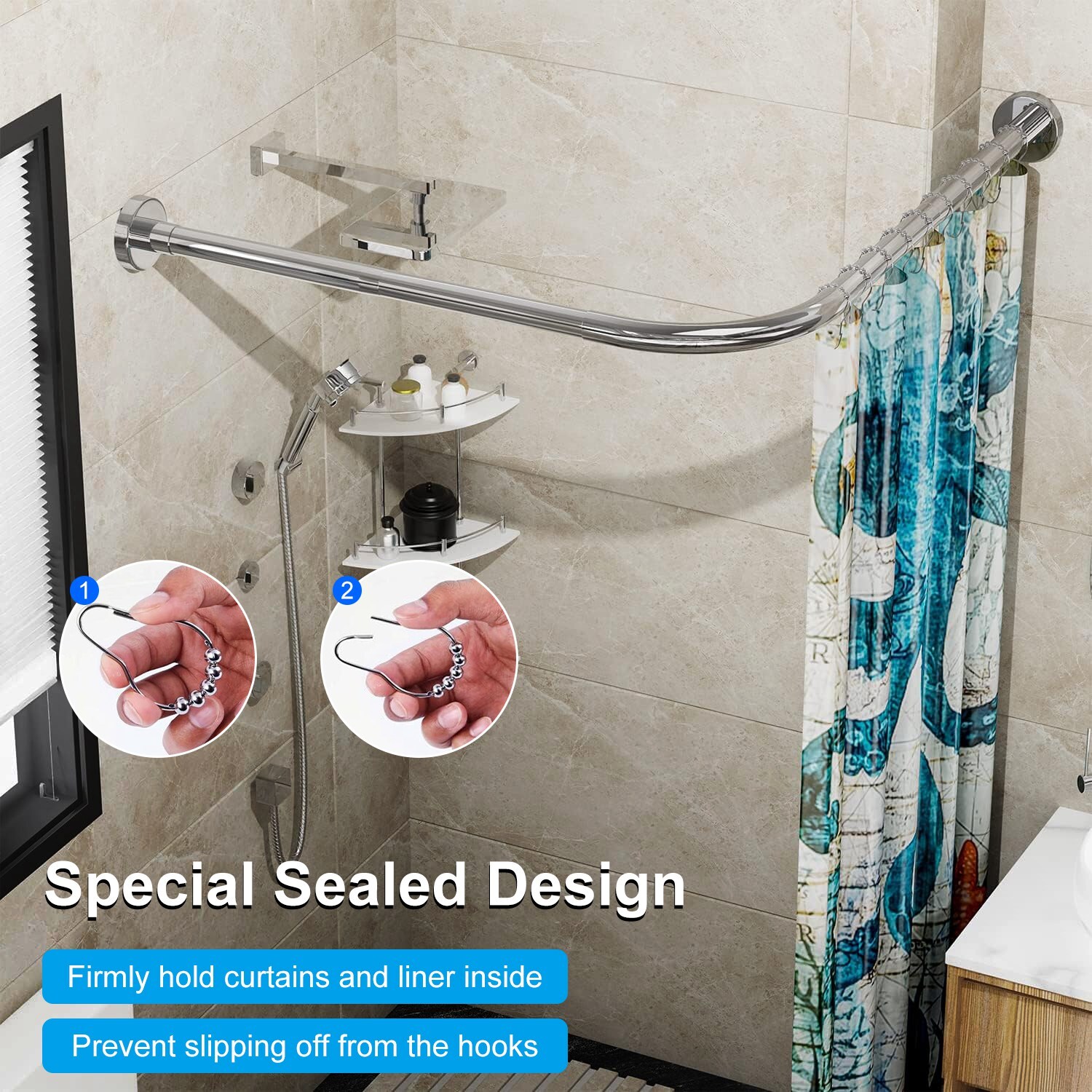 Adjustable Shower Curtain Rod Stainless Steel L Shaped for Bathroom Corner Rack