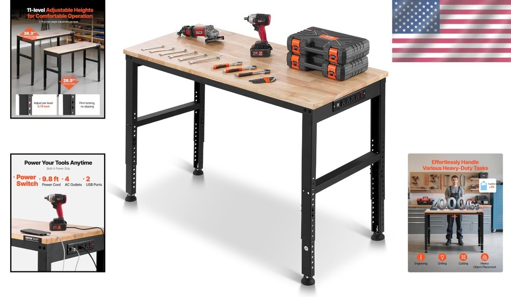 Durable 2000 lbs Capacity Adjustable Workbench - 48x20 Inch with Power Solutions