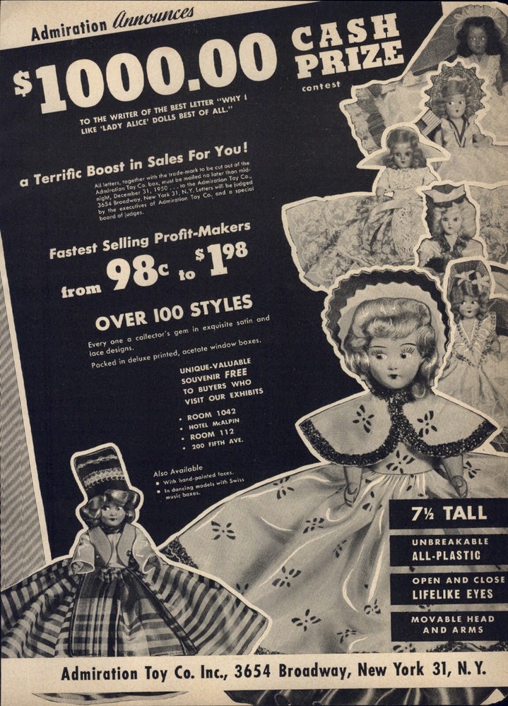 1950 PAPER AD Admiration Toy Doll Open Close Eyes Fully Dressed