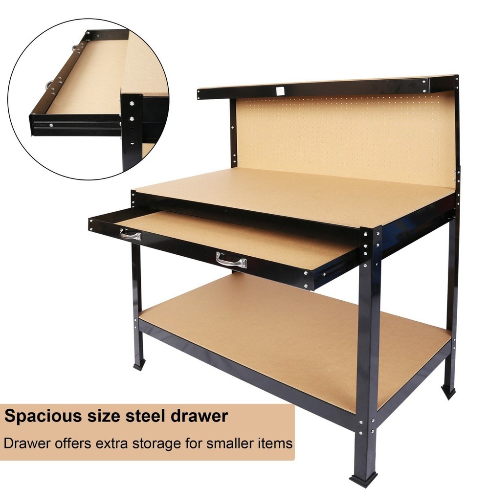 63" Workshop Table Work Bench Garage Steel Tool Storage Drawers Shelves PegBoard