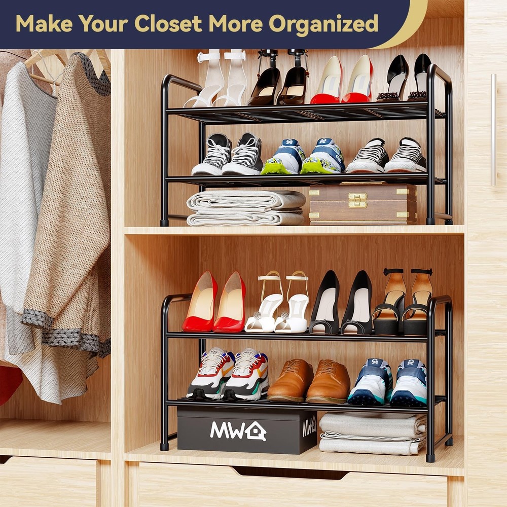 2 Tier Shoe Rack Organizer for Closet, Stackble, Black Fast Ship