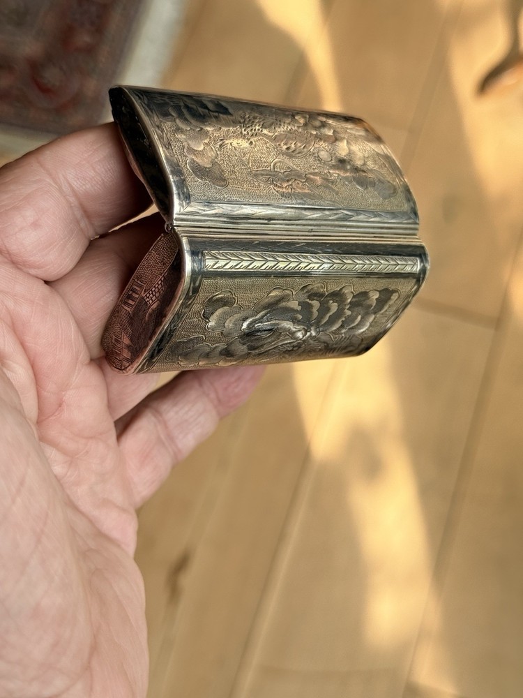 Antique Niello Enamel Solid Silver Snuff Box Angel Bird Dragon Mint Condition