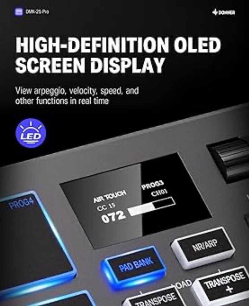 New Donner USB-C MIDI Keyboard DJ Controller OLED 25Key 8Drum Pad Touch Bar