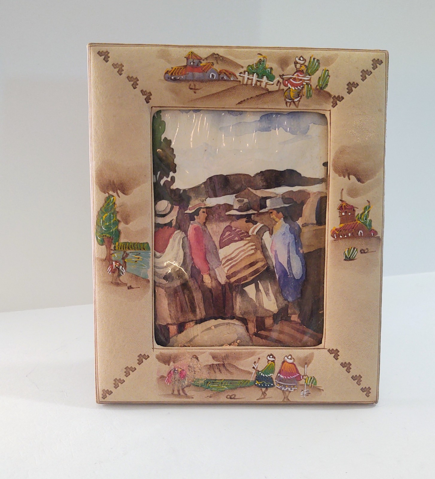 Peru Hand Painted Leather Photo Picture Frame with Peruvian Scene Native Scene