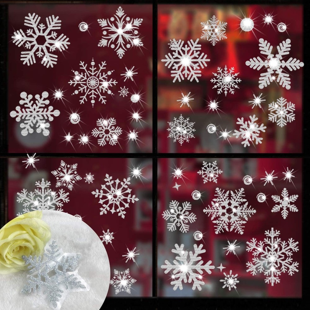 Glitter Snowflake Window Clings, 147PCS Silver Sparkling Christmas Window Cli...