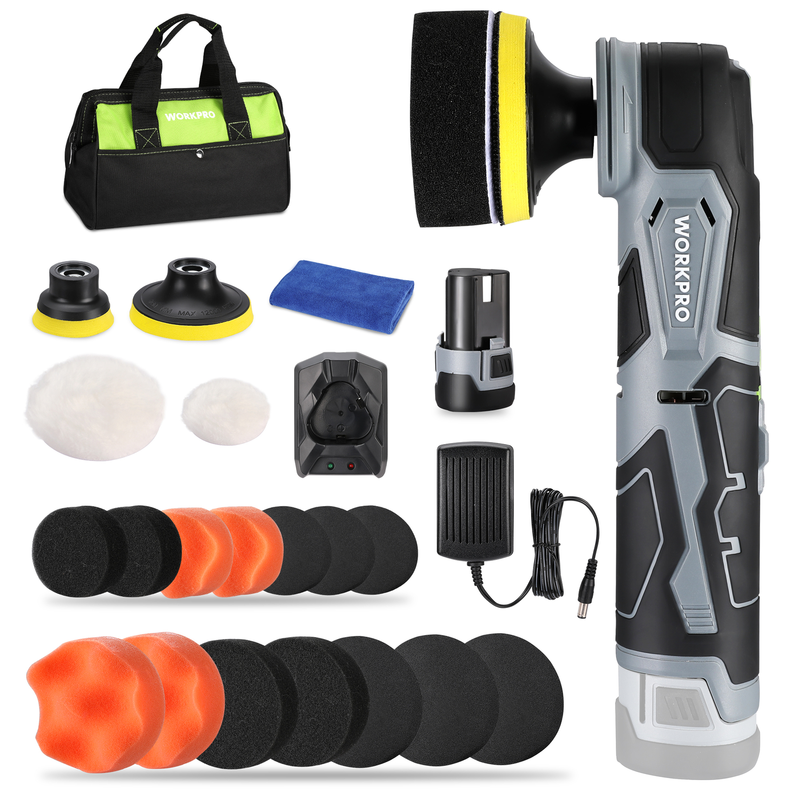 WORKPRO Cordless Mini Buffer Polisher 12V 5 Variable Speed Up to 3000RPM Battery