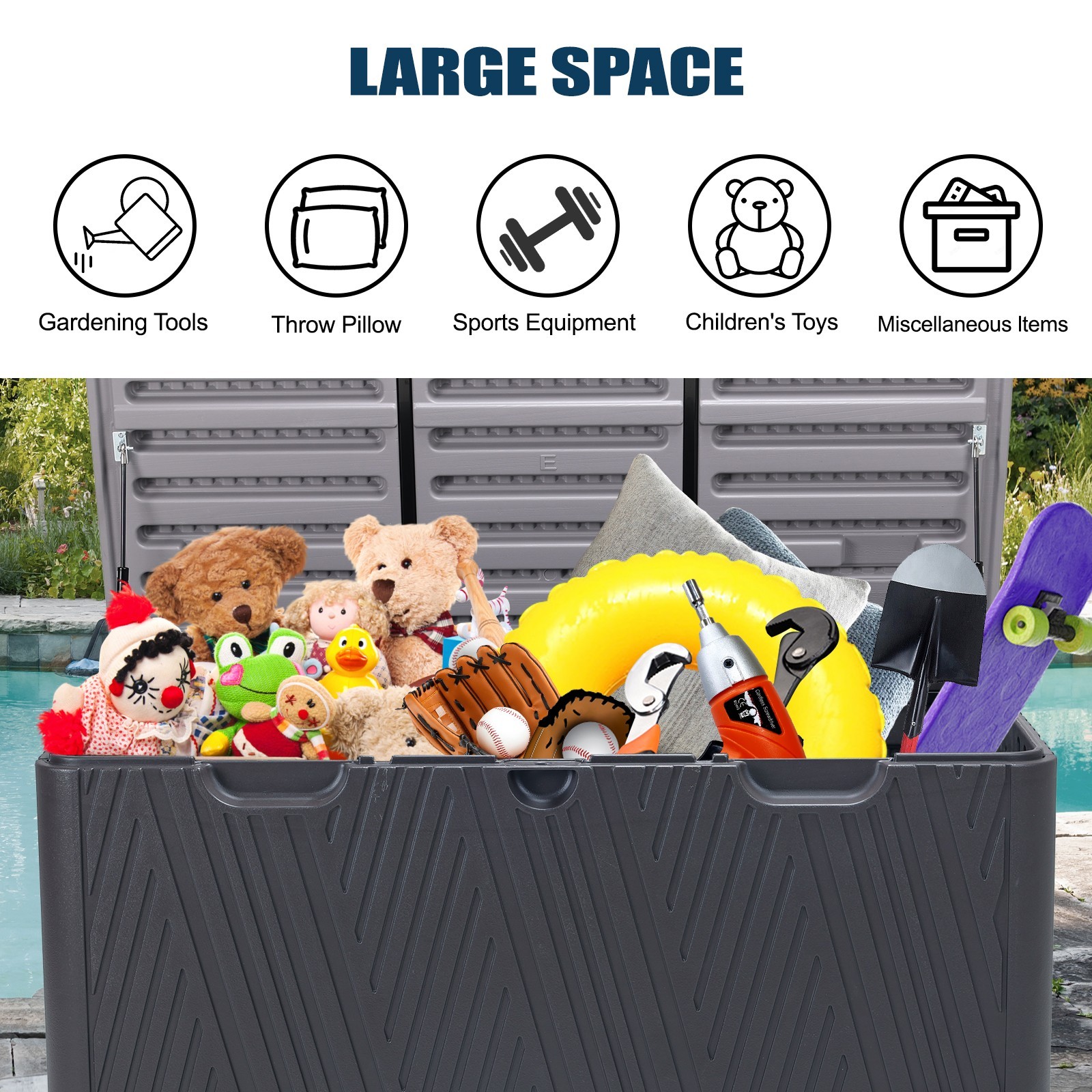 85 Gallon Outdoor Deck Box Storage Patio Chest Organizer w/Air Rods Lockable Lid