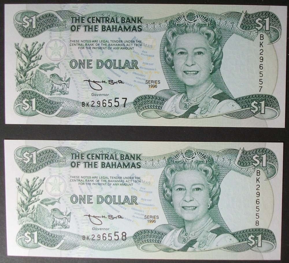 Bahamas P57a Dollar AU-UNC Consecutive Pair
