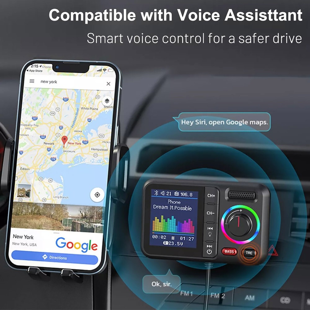 Bluetooth 5.0 Car Wireless FM Transmitter Adapter 2USB PD Charger Hands-free