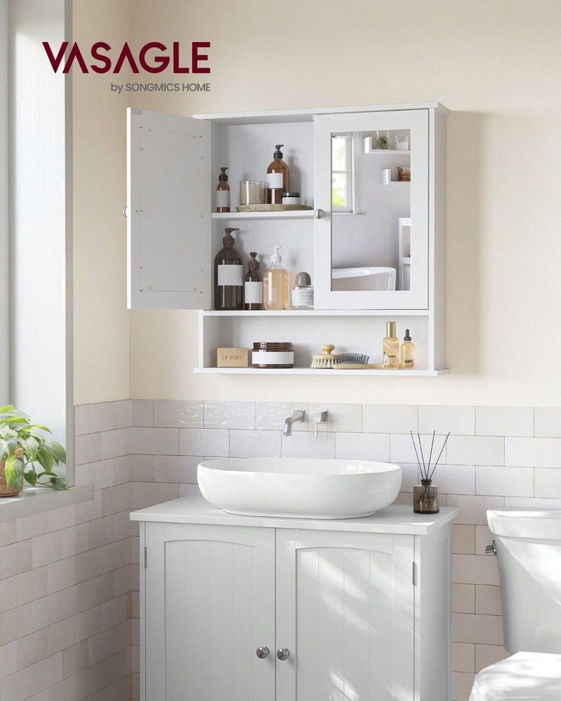 VASAGLE Bathroom Cabinet With 2 Mirrored Doors, Adjustable Shelf, White