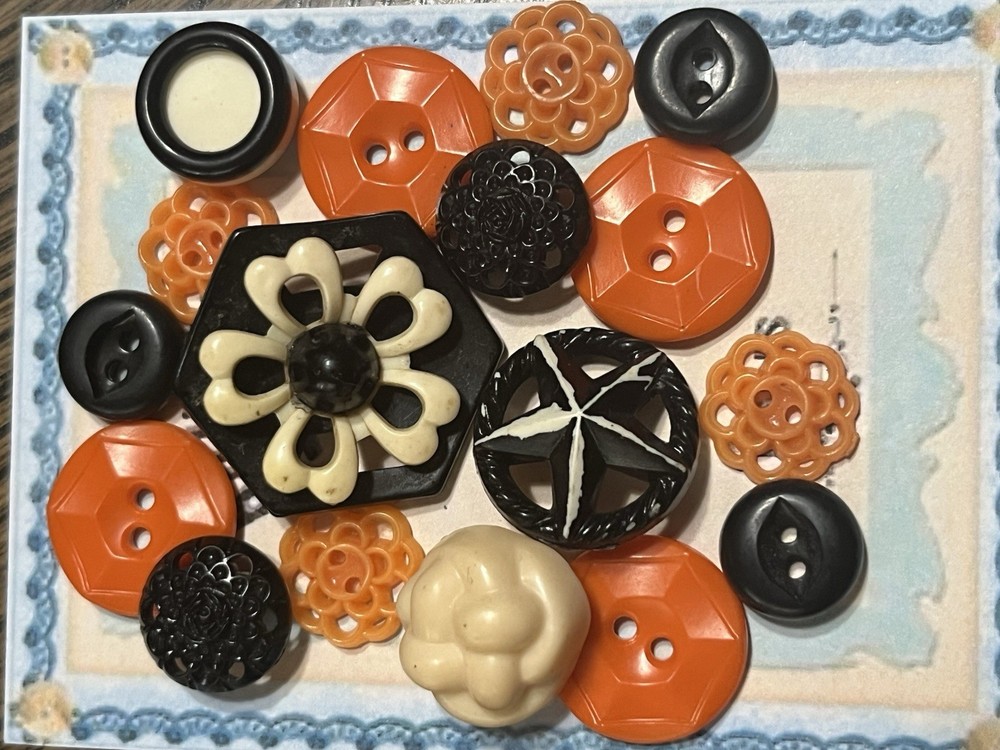 Vintage Plastic Button Lot - Black Orange Ivory