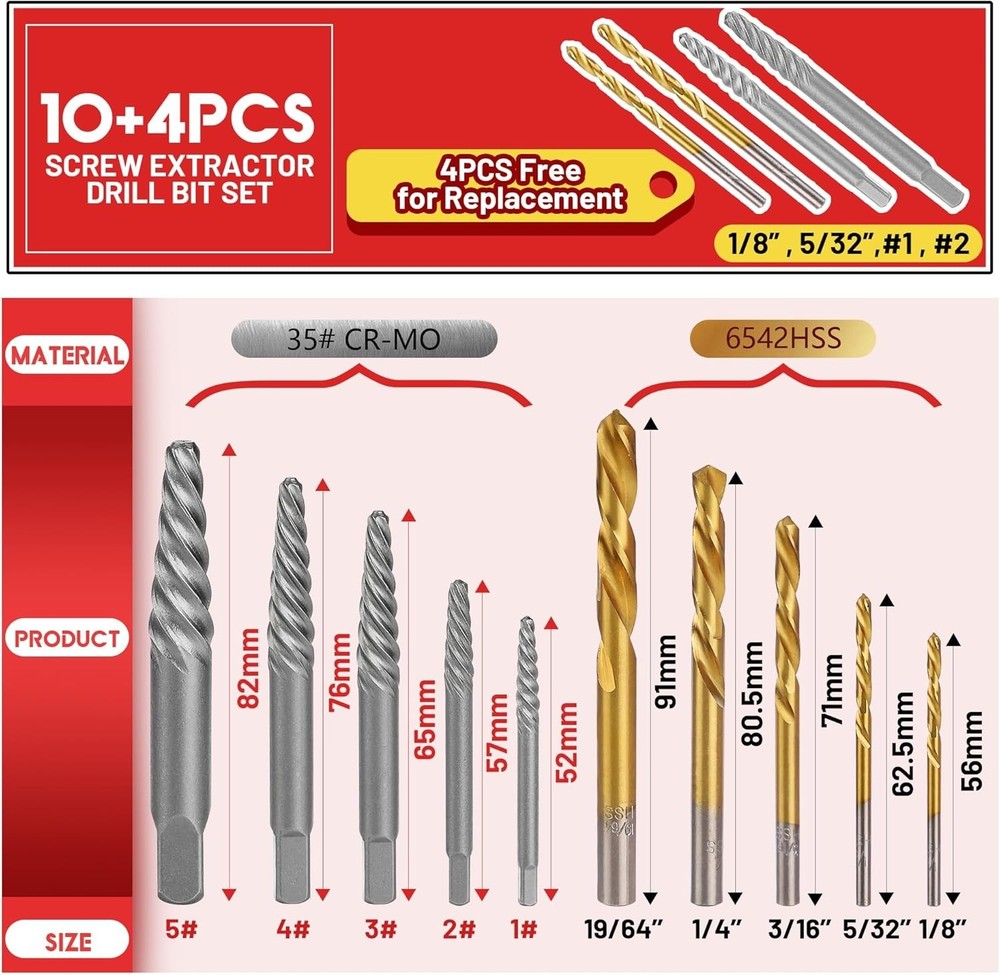 14 Pieces Left Hand Drill Bits Set for Removing Stripped Screws and Broken Bolts