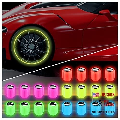 20PCS Fluorescent Tire Valve Stem Caps,Luminous Auto 20Pcs-5 colors/US Flag
