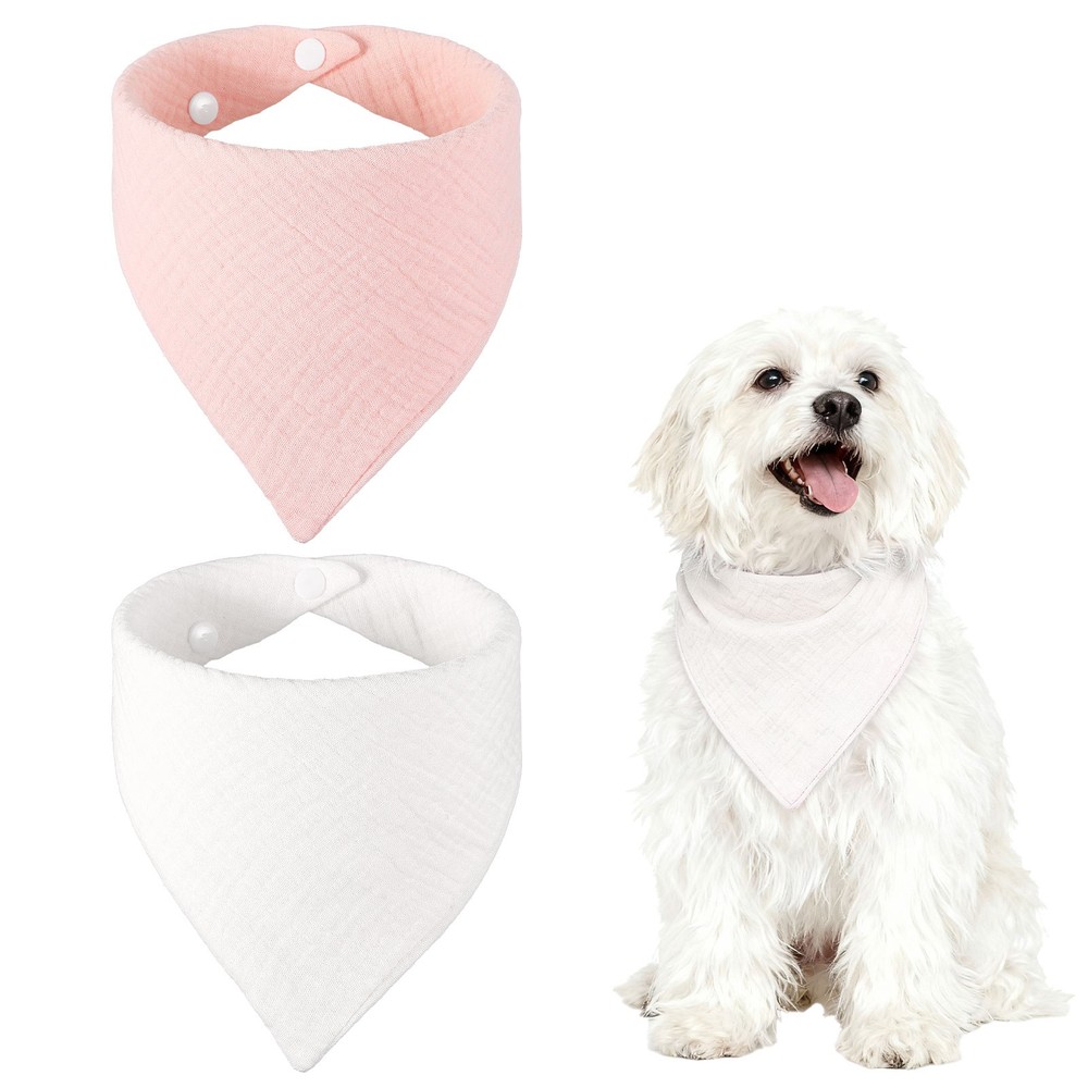 Triangle Dog Bandanas with Button (Fabric, 2Pcs, White/Pink)