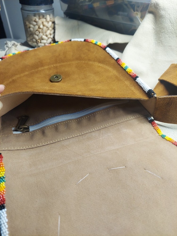 Beaded Leather Shoulder Bag, 36" Strap Hummingbird