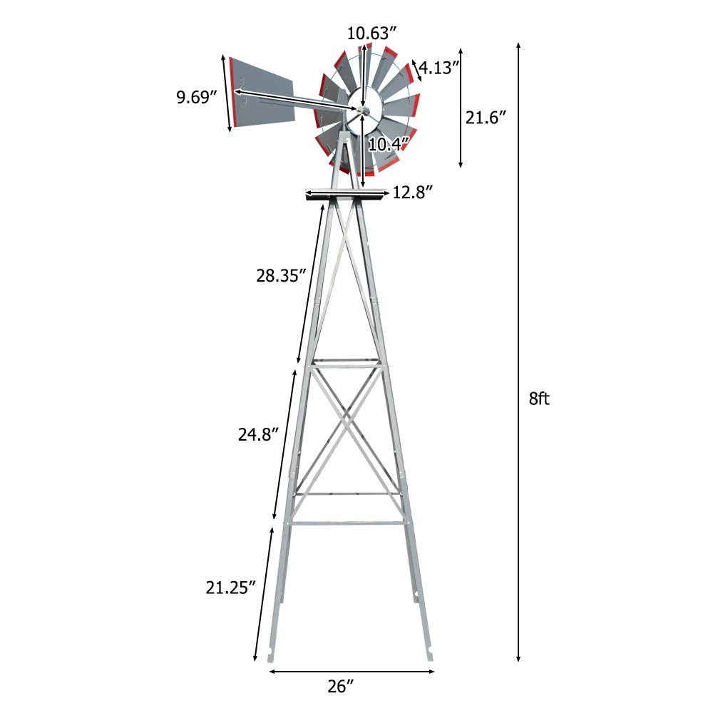 VINGLI 8FT Ornamental Windmill Weather Vane Heavy Duty 4-Leg Design Grey