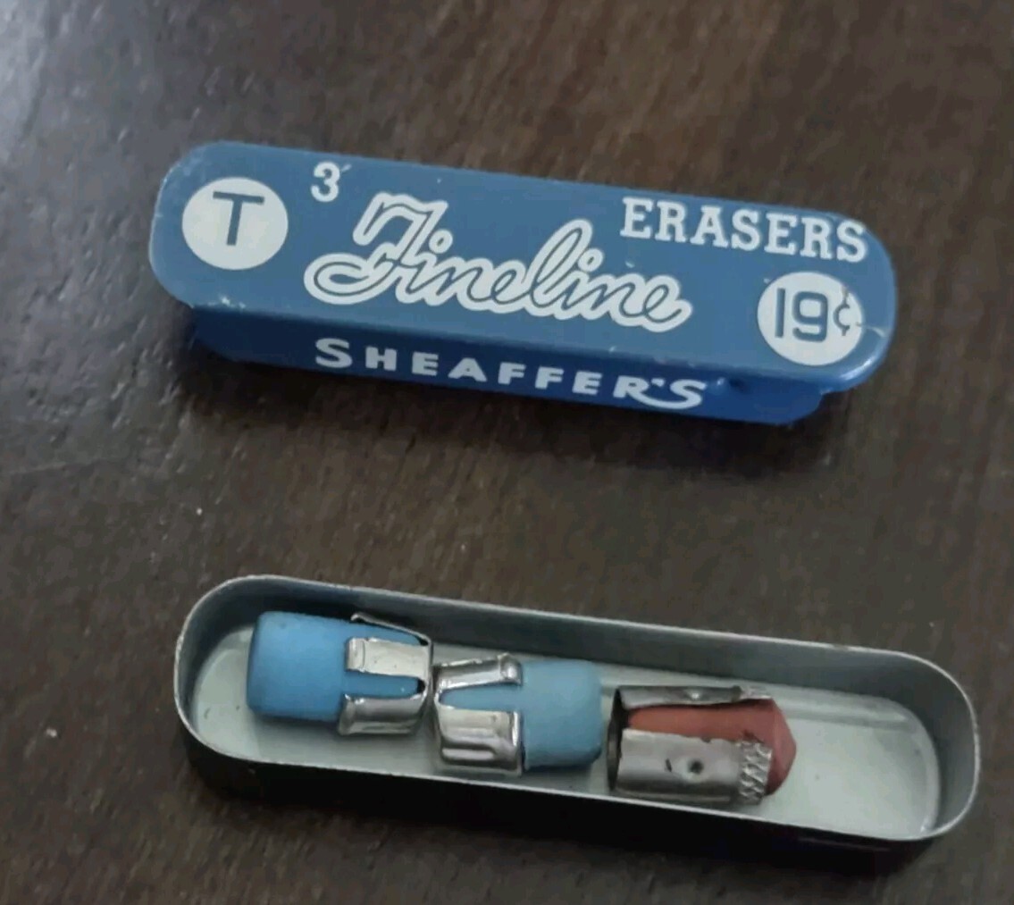 Vintage Sheaffer's Fineline Erasers Tin 2 Unused Erasers Made in The USA