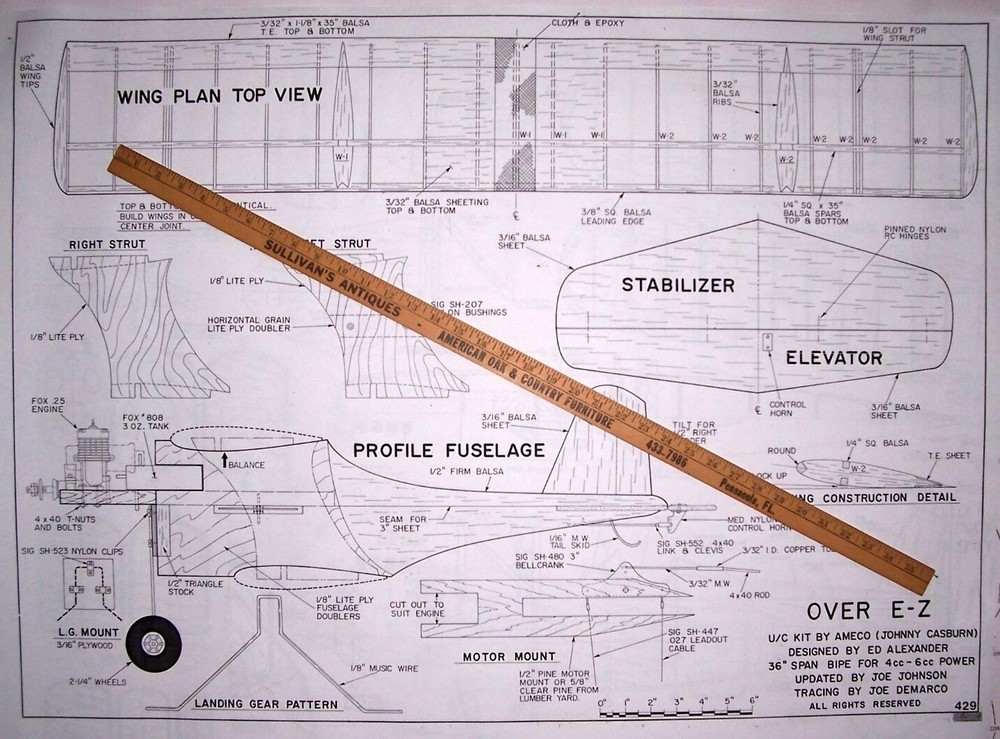 OVER EASY PLAN + BUILDING ARTICLE to build 36" Old Time UC Stunt Biplane Model