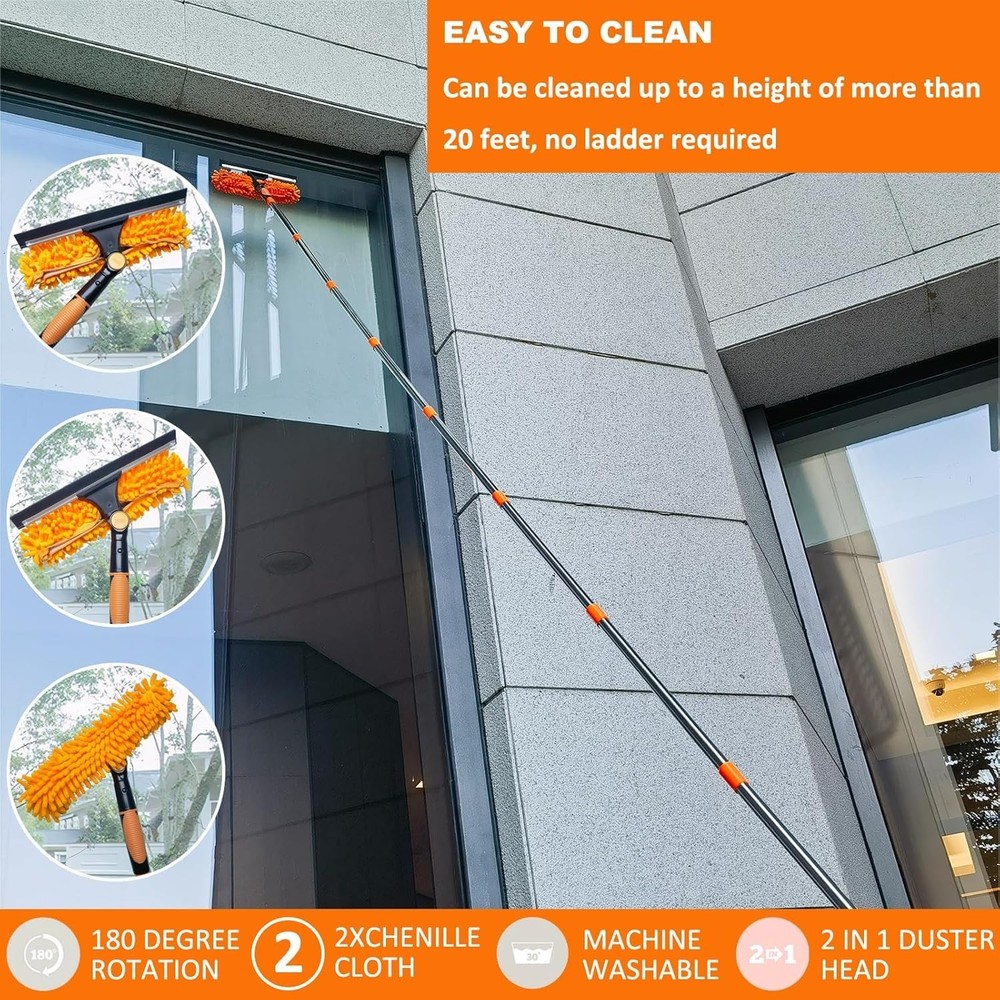 20 ft+ Reach Squeegee Window Cleaner Duster 2 in 1 Rotatable Cleaning Tool Kit