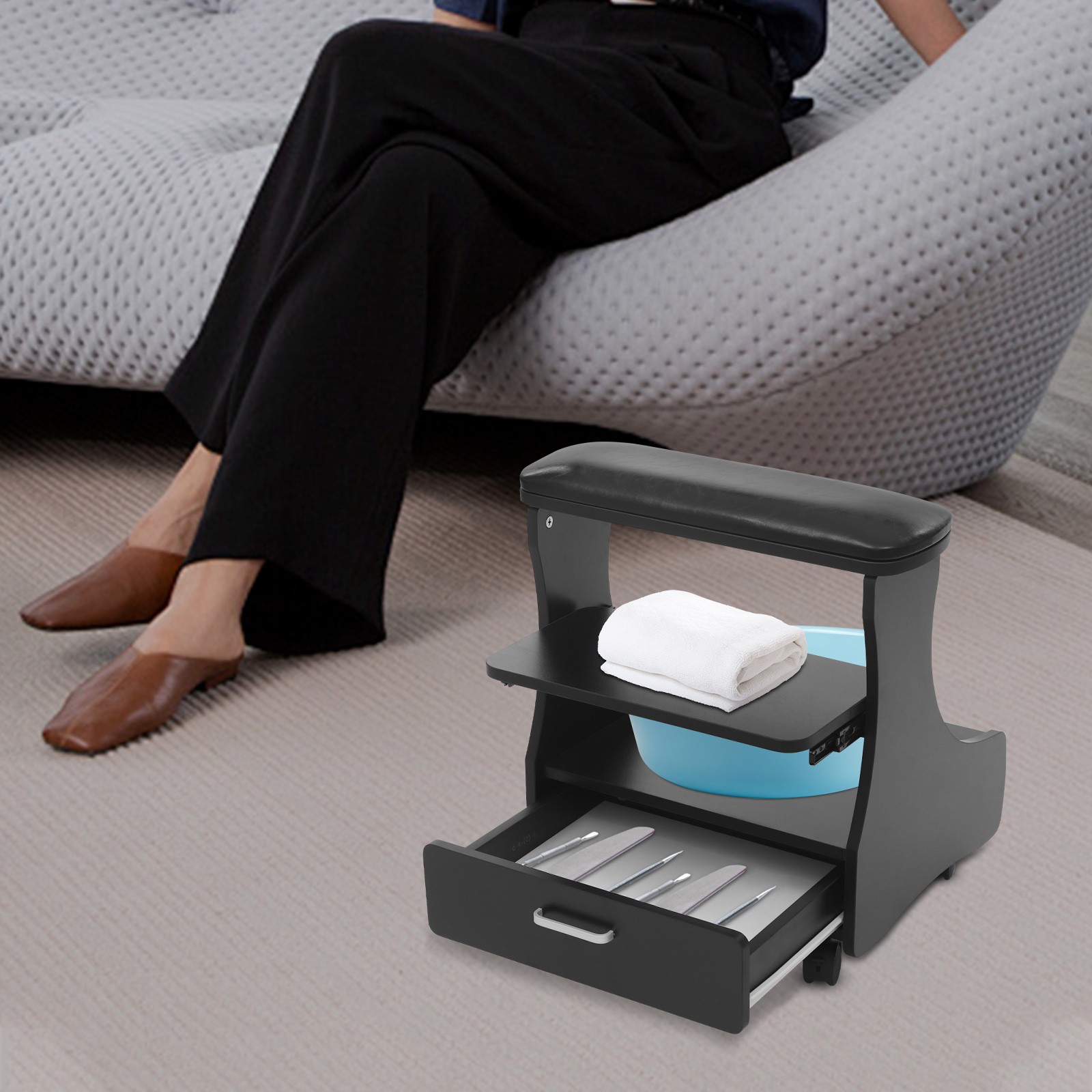 Pedicure Foot Rest 3-Tier Storage Swivel Wheels for Salon Nail Care FootRest