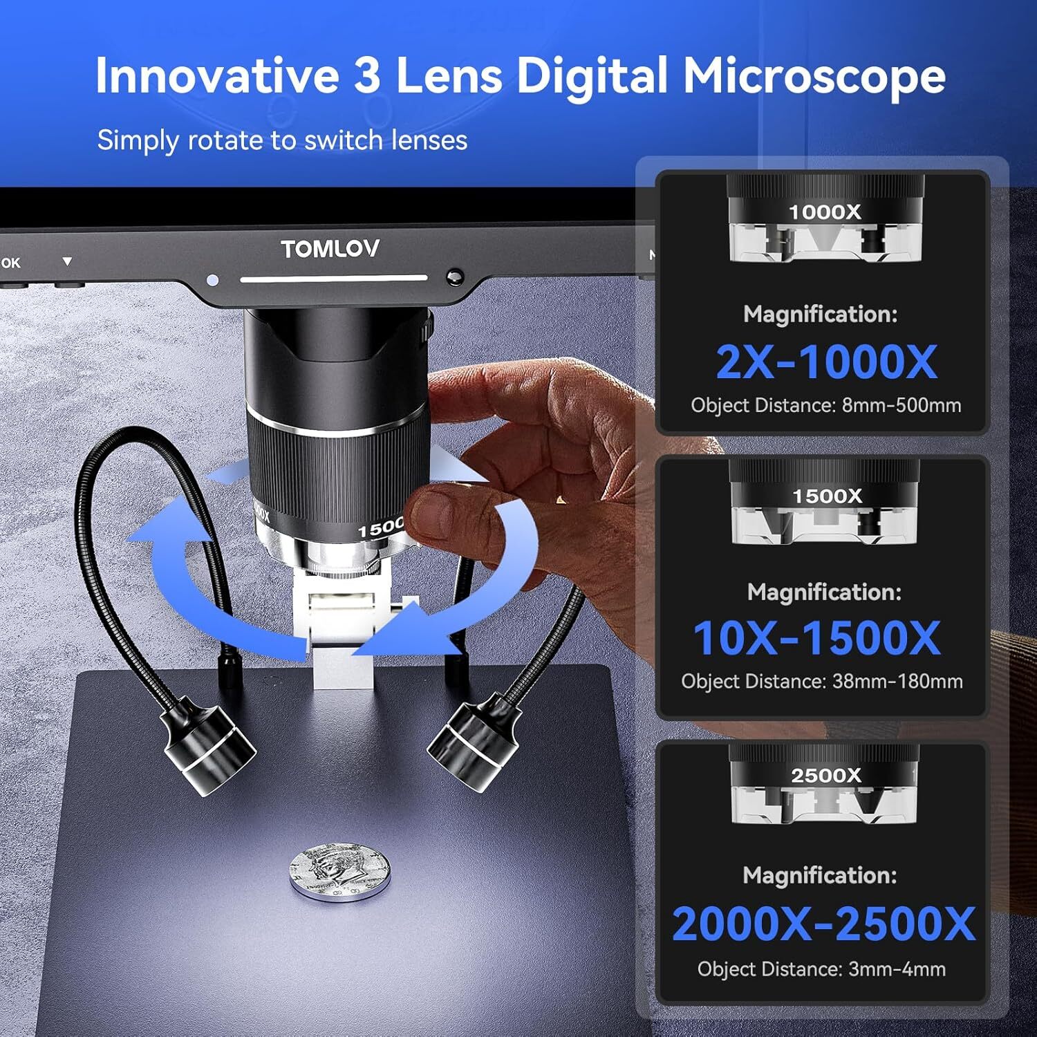 TOMLOV TriL110 Digital Microscope 2500X Coin Microscope Entire Coins Magnifier