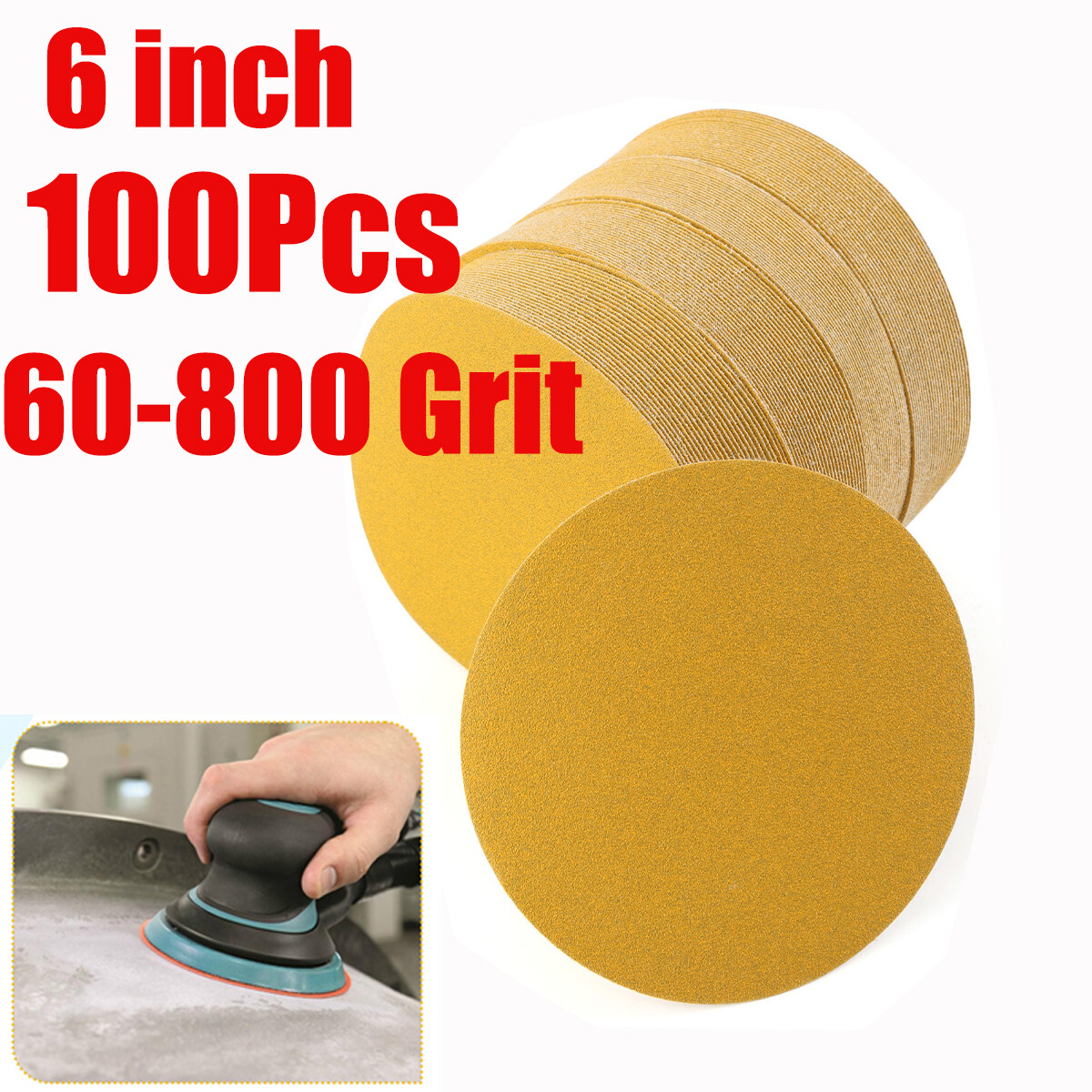 6" Inch 60-800 Grit 100-PACK DA Sanding Disc Hook Loop Sandpaper