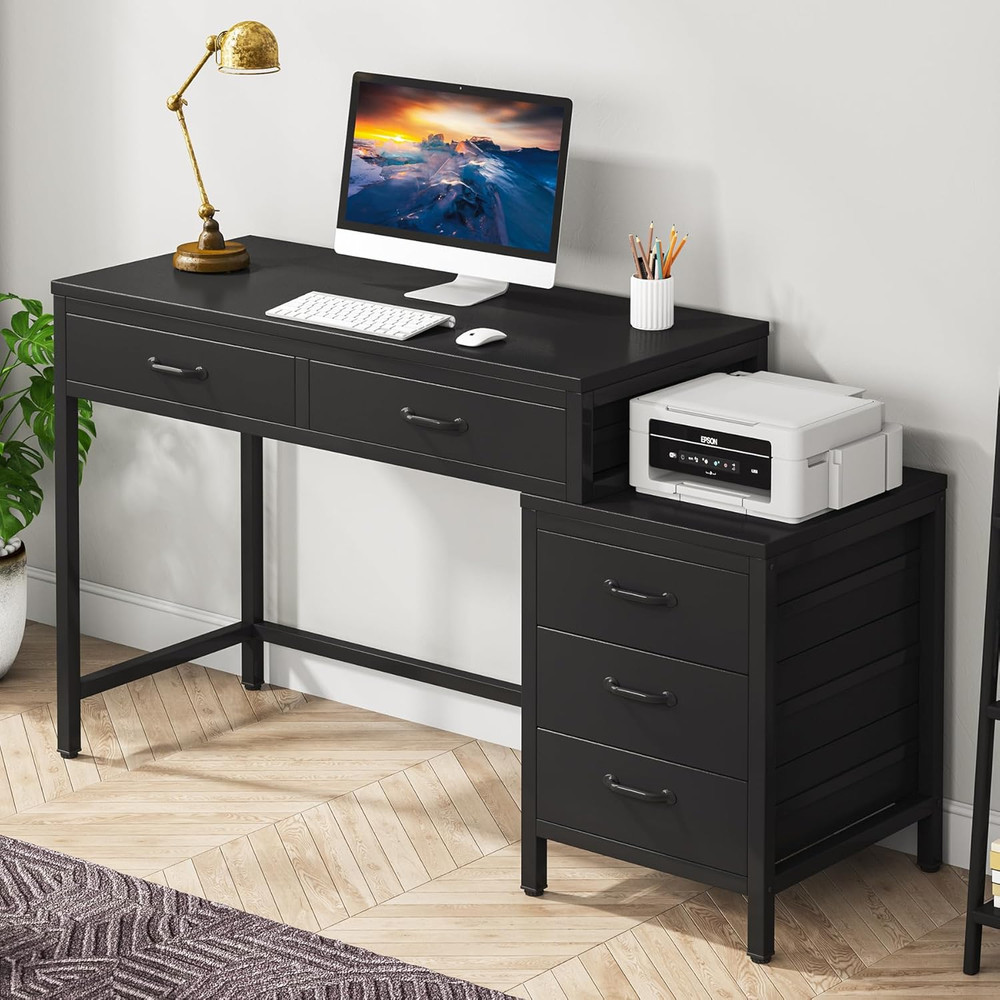 Rustic Computer Desk with 5 Drawers & Printer Stand for Small Spaces