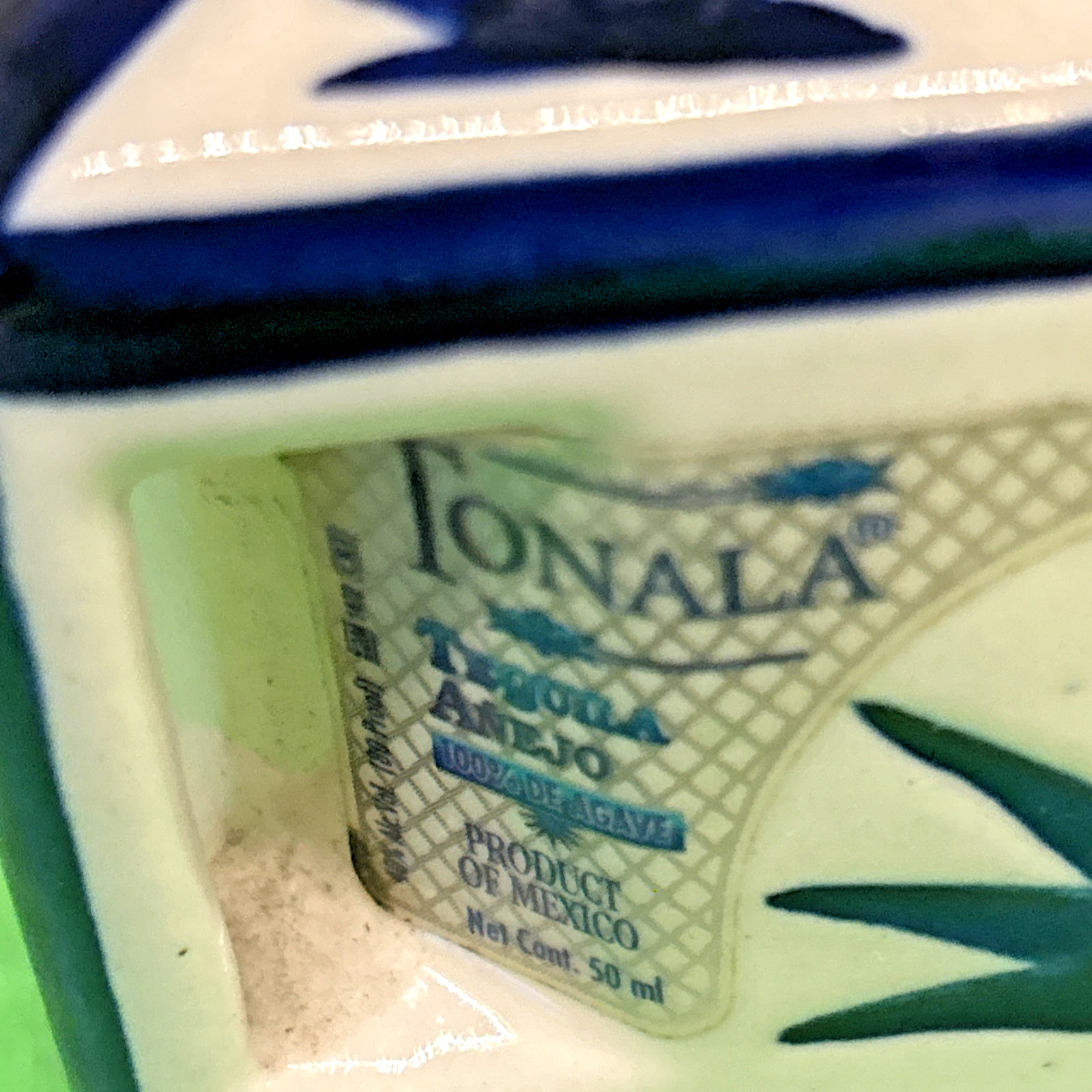 VTG Tonala Tequila Bottle Small White Blue 3" Tall Mexico Miniature "Empty"