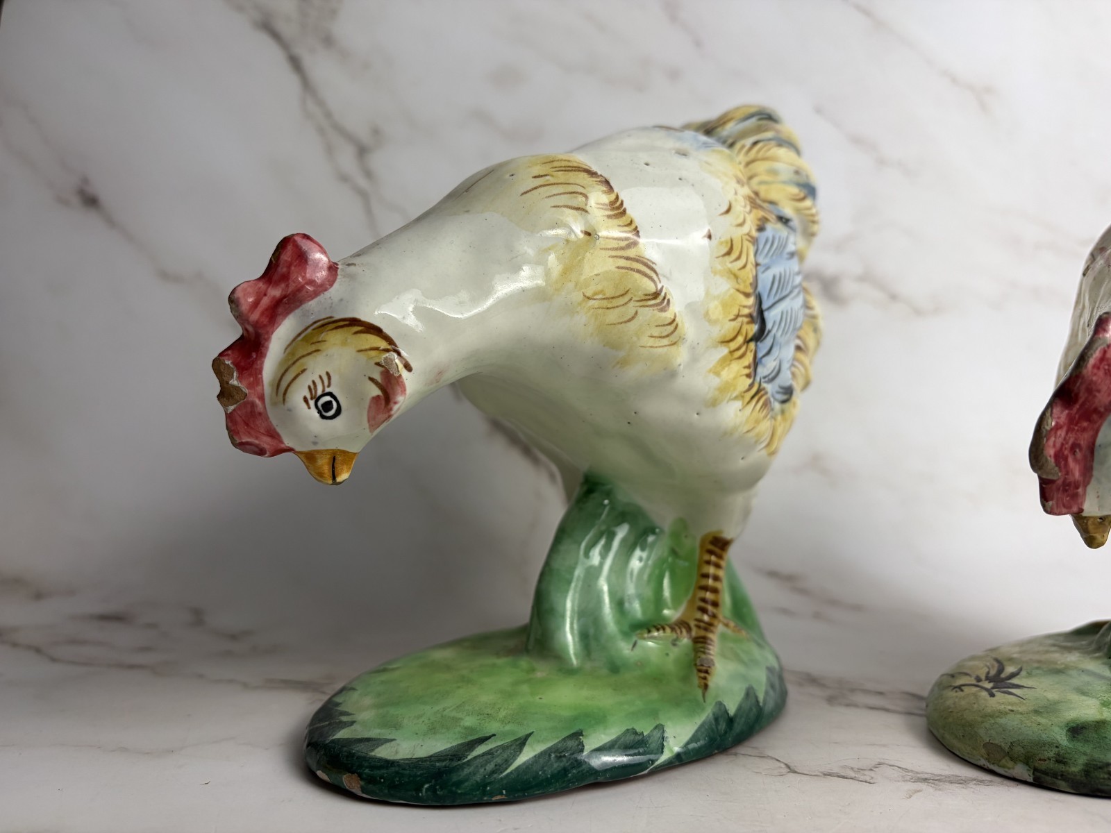 Vintage Italian Majolica Rooster Figurines Hand Painted Chicken Pair Farmhouse