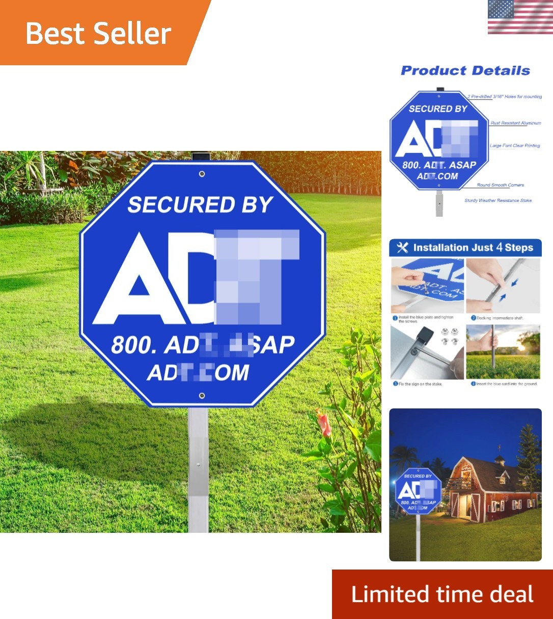 ADT Heavy-Duty Aluminum Security Yard Sign with Stake, Weather Resistant