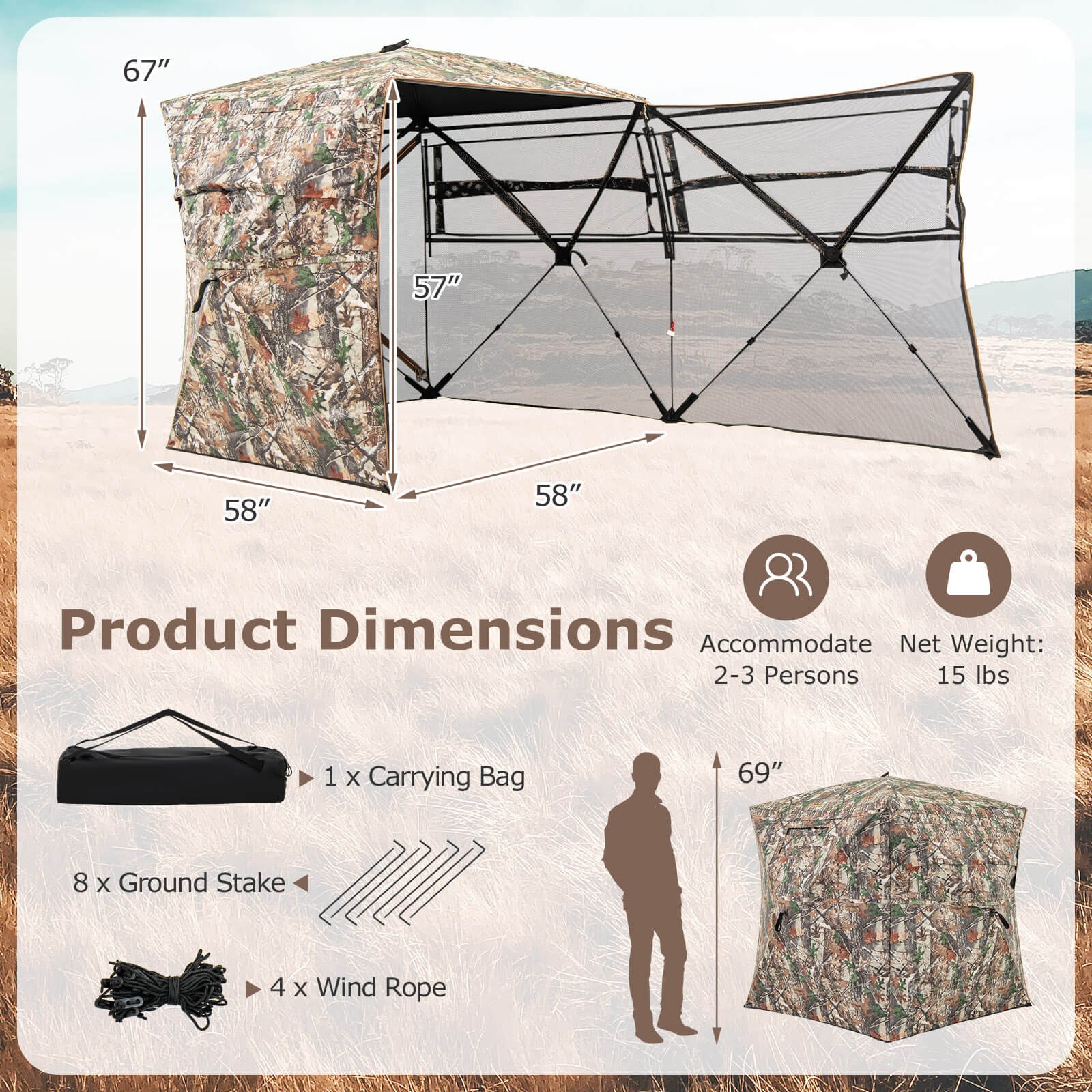 360° One-Way See-Through Hunting Blind with Full-Open Door Portable Carry Bag