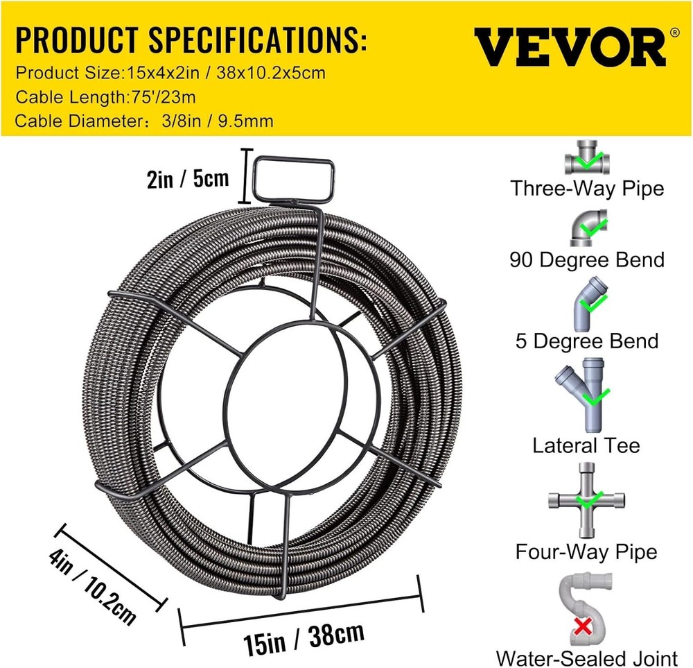 Drain Cleaning Cable 75ft x 3/8 inch Solid Core Cable Sewer Cable, Drain Auge...