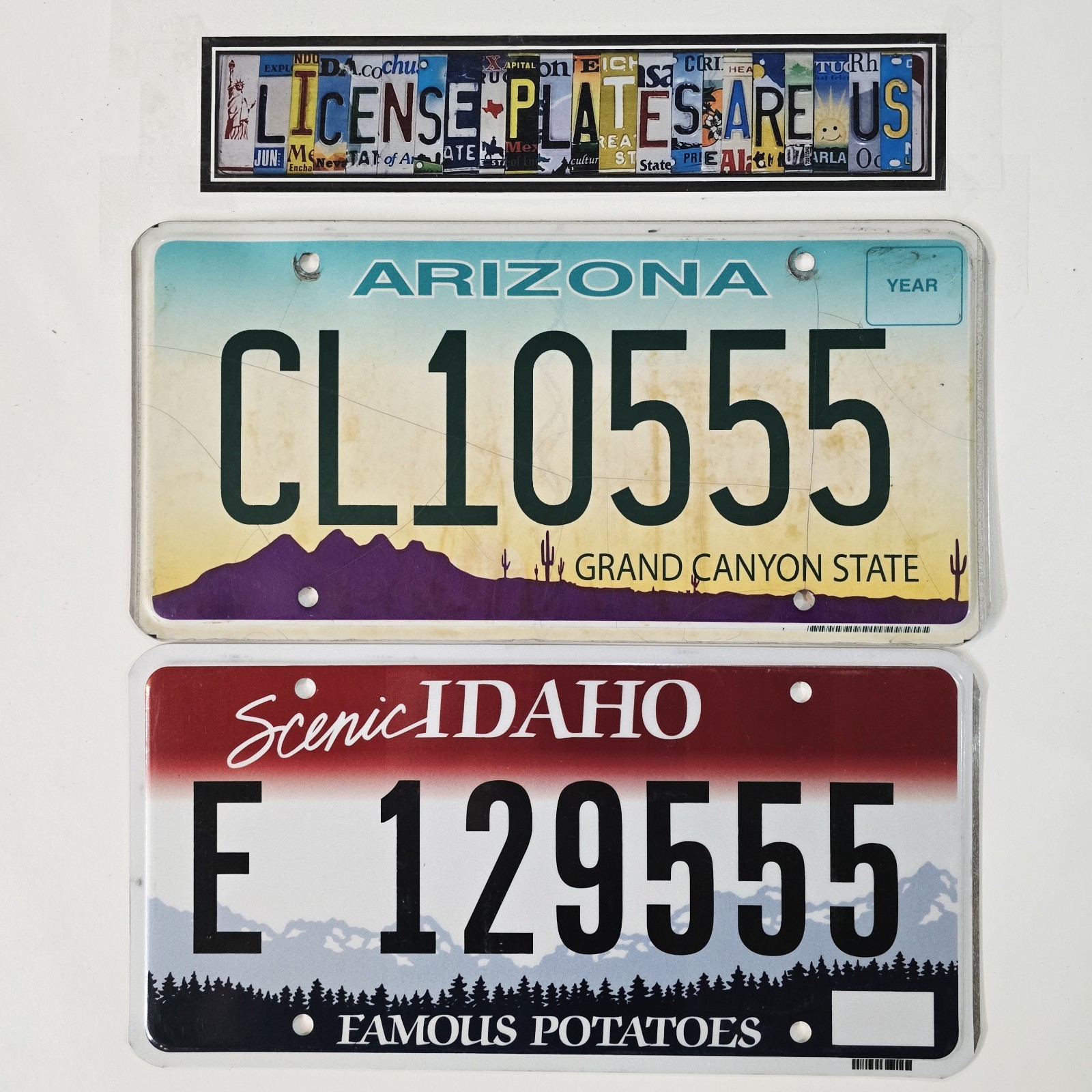 Arizona & Idaho License Plate Lot 2 Real Tags Repeating Triple Number 555