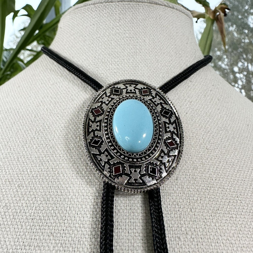 Western Turquoise Silver Tone Bolo Tie