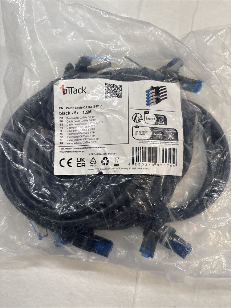 1attack Ethernet Patch Cable CAT6A, S/FTP, 1.5M 5 pack Black