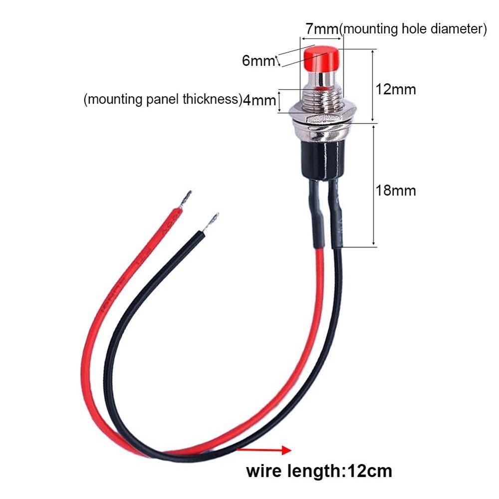 12 Pack 7mm Push Button Switch, Prewired, On/Off, 2 Pole, Round, 2066
