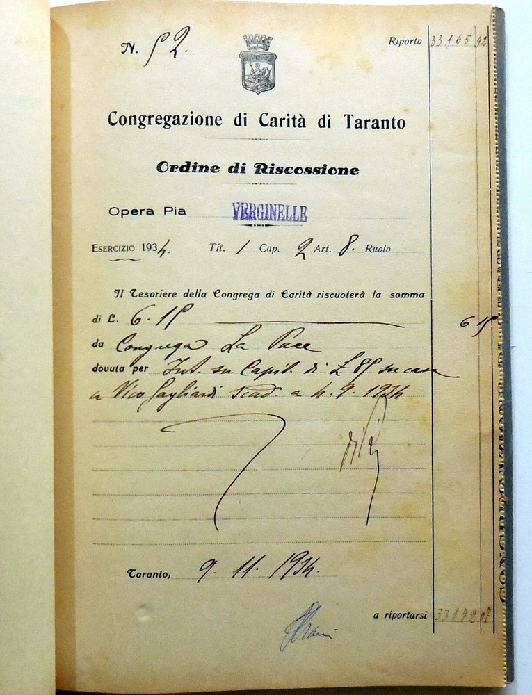 DOCUMENTS REGISTER CONGREGATION CARITA TARANTO VIRGIN COLLECTION 1934