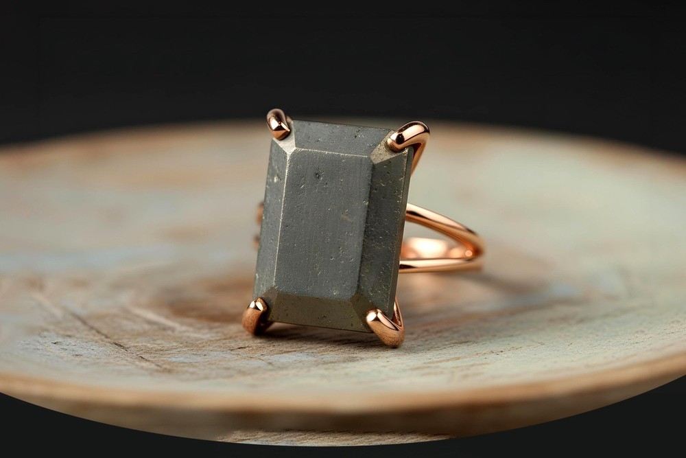 Pyrite Ring Anemone Handmade 925 Sterling Silver Rectangle Emerald Cut