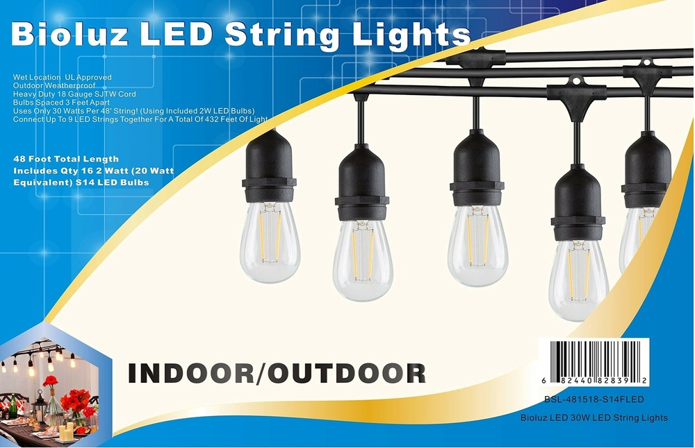 Bioluz LED Outdoor String Lights, 49Ft LED Weatherproof Connectable String Li...